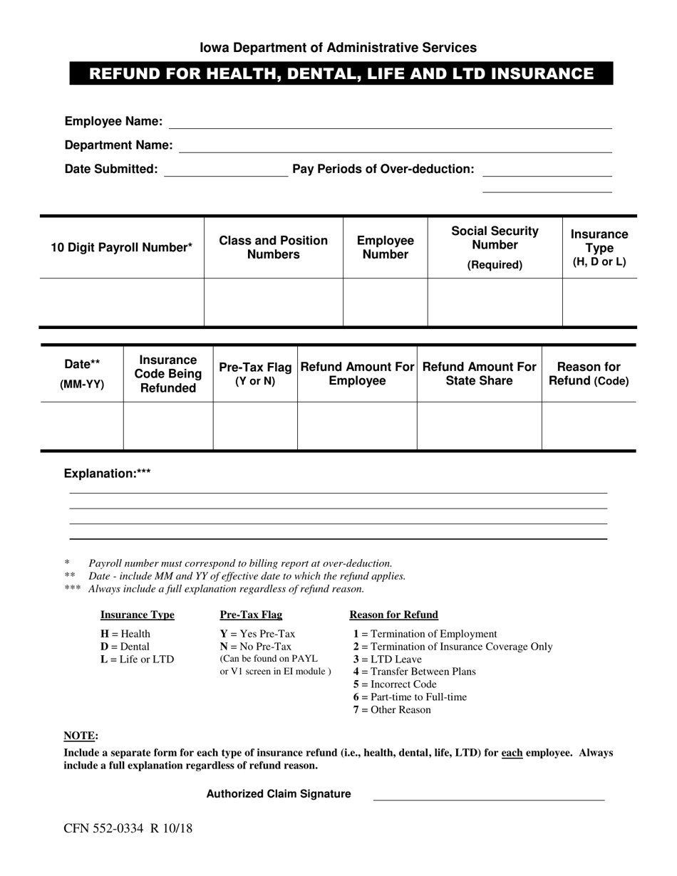 Form CFN552-0334 Refund for Health, Dental, Life and Ltd Insurance - Iowa, Page 1