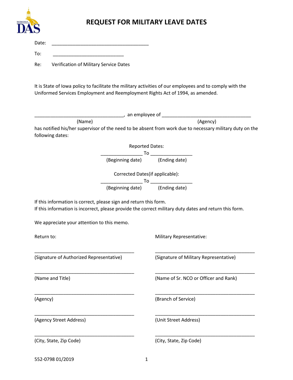 Form 552-0798 Request for Military Leave Dates - Iowa, Page 1