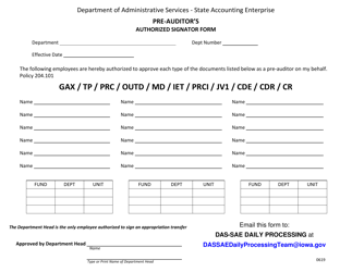 Document preview: Pre-auditor's Authorized Signator Form - Iowa