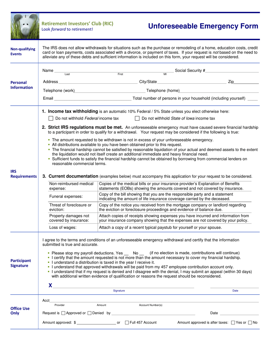 Unforeseeable Emergency Form - Iowa, Page 1