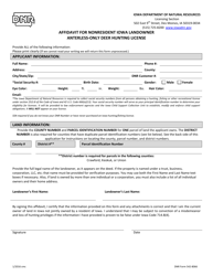 DNR Form 542-8066 Affidavit for Nonresident Iowa Landowner Anterless-Only Deer Hunting License - Iowa