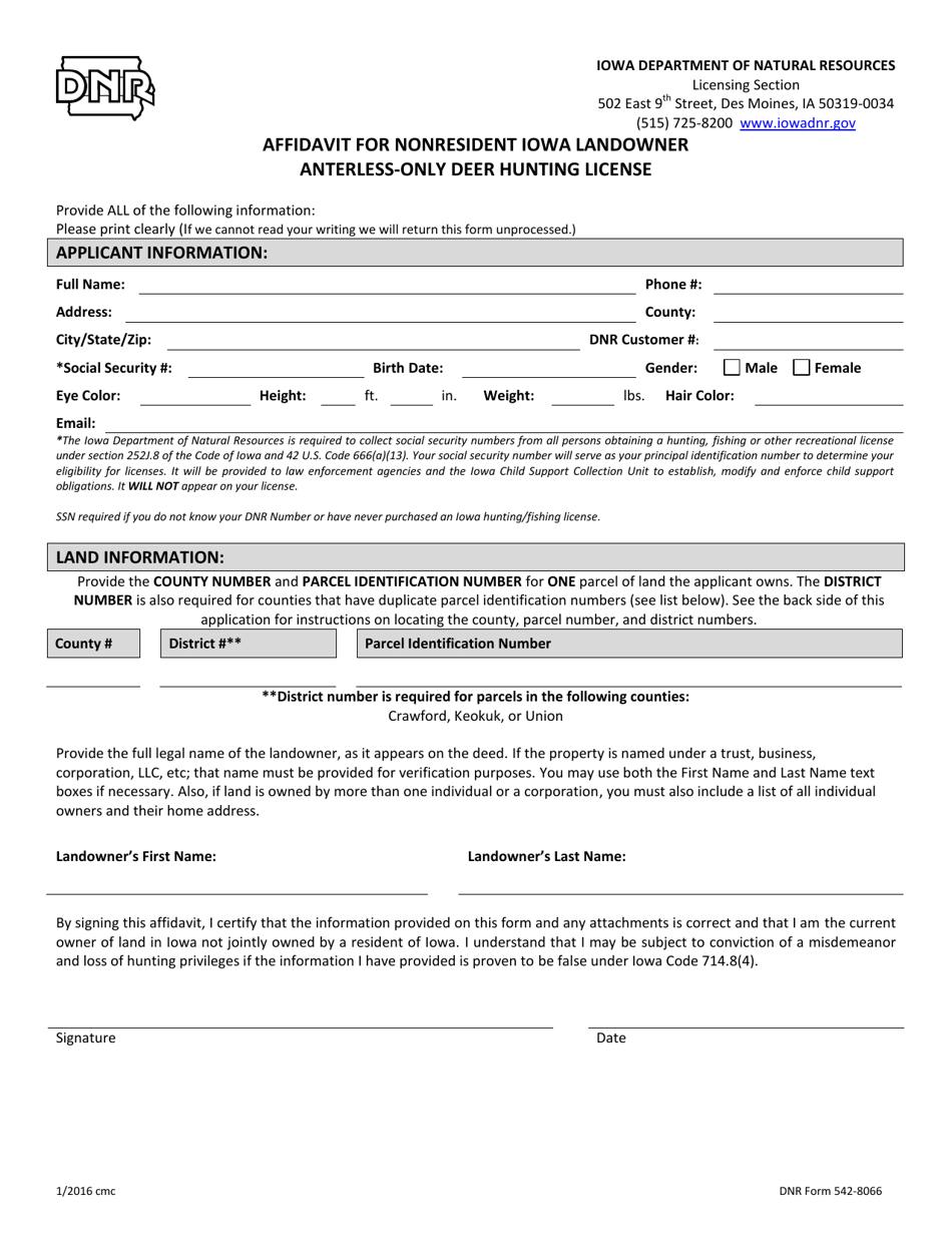 DNR Form 542-8066 Affidavit for Nonresident Iowa Landowner Anterless-Only Deer Hunting License - Iowa, Page 1