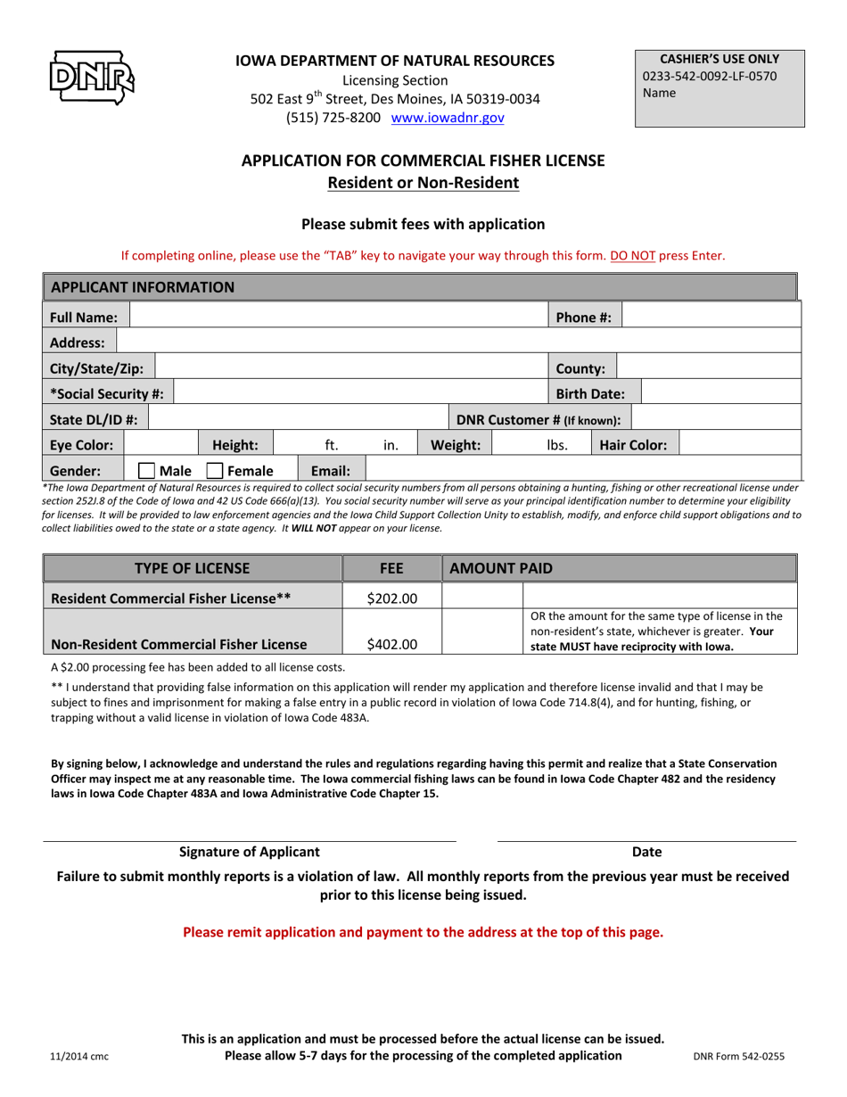 DNR Form 542-0255 Application for Commercial Fisher License - Resident or Non-resident - Iowa, Page 1