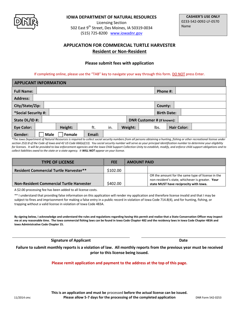 DNR Form 542-0253 Application for Iowa Resident or Nonresident Commercial Turtle Harvester - Iowa, Page 1