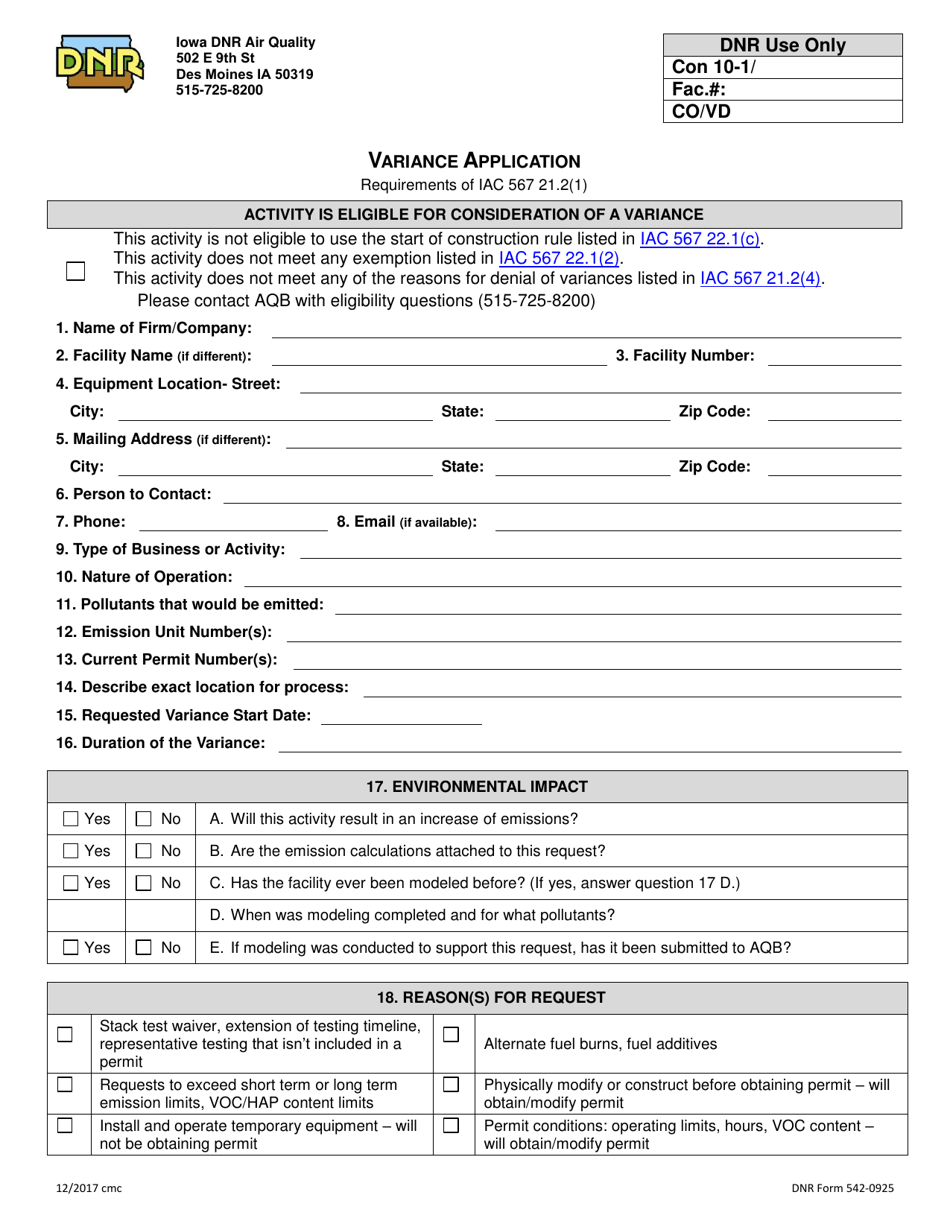 DNR Form 542-0925 Variance Application - Iowa, Page 1