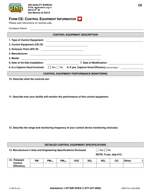 DNR Form 542-0938 (CE)  Printable Pdf