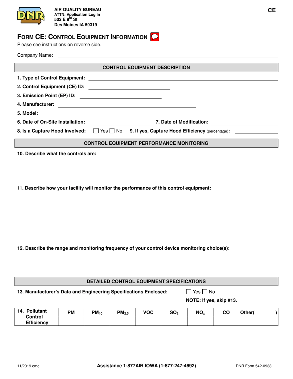 DNR Form 542-0938 (CE) Control Equipment Information - Iowa, Page 1