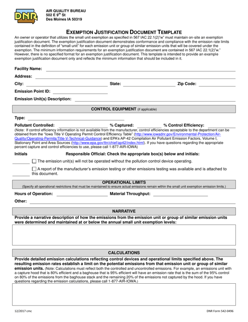 DNR Form 542-0496 Exemption Justification Document Template - Iowa