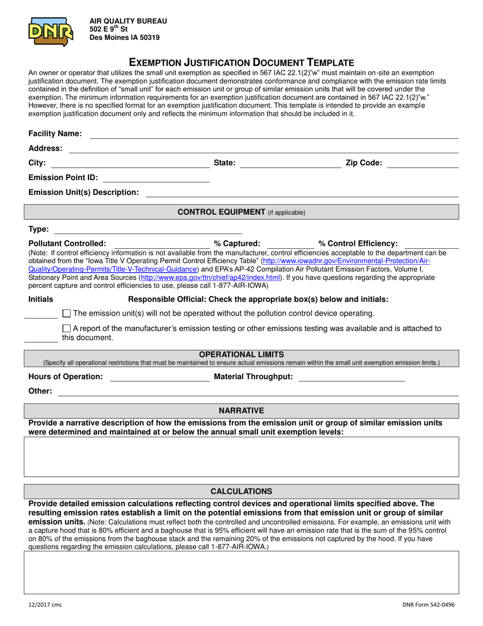 DNR Form 542-0496 Exemption Justification Document Template - Iowa, Page 1