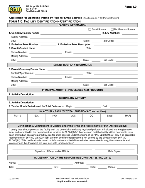 DNR Form 542-1520 (1.0) Application for Operating Permit by Rule for Small Sources - Facility Identification - Certification - Iowa