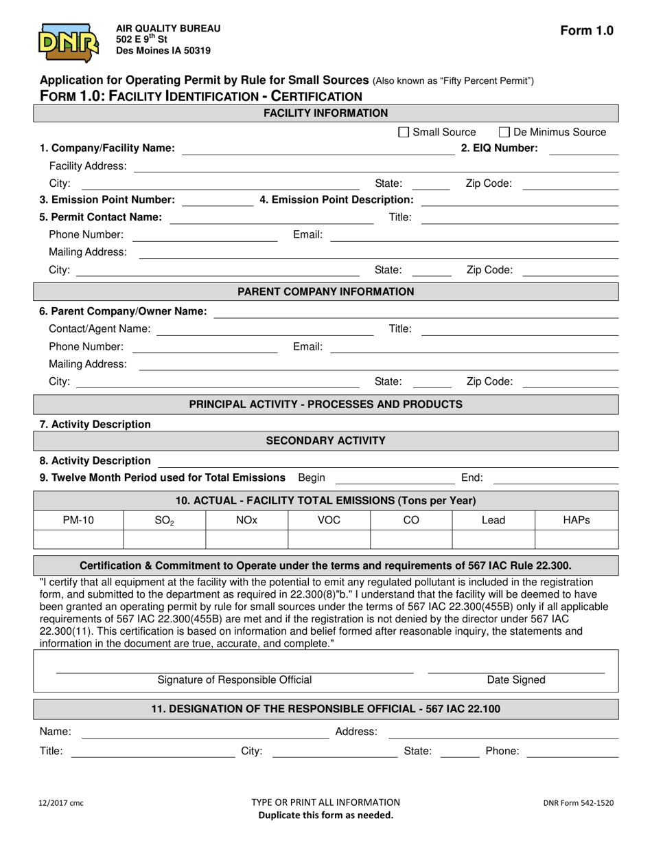 DNR Form 542-1520 (1.0) Application for Operating Permit by Rule for Small Sources - Facility Identification - Certification - Iowa, Page 1