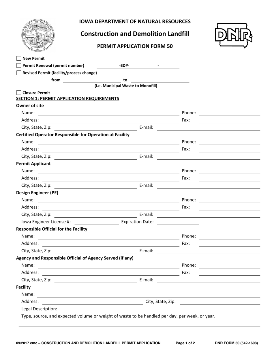 DNR Form 50 (542-1608) Construction and Demolition Landfill Permit Application - Iowa, Page 1