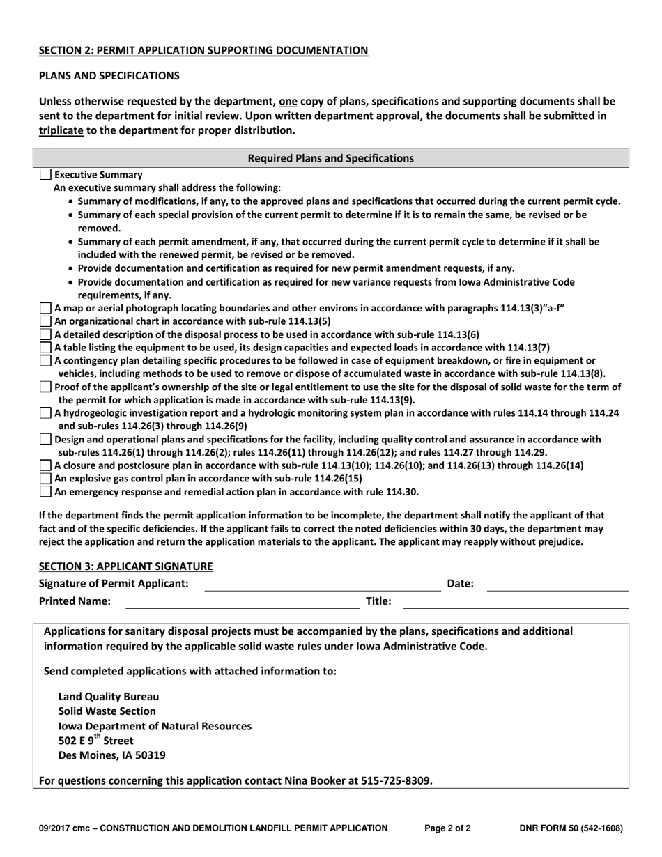 DNR Form 50 (542-1608) Construction and Demolition Landfill Permit Application - Iowa, Page 2