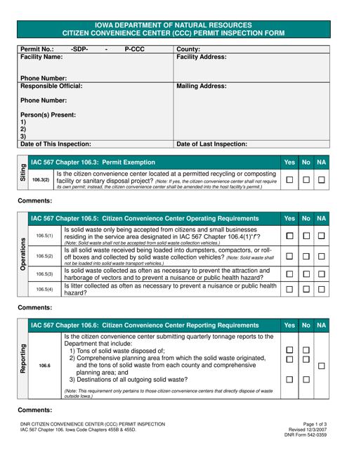 DNR Form 542-0359 Citizen Convenience Center (Ccc) Permit Inspection Form - Iowa