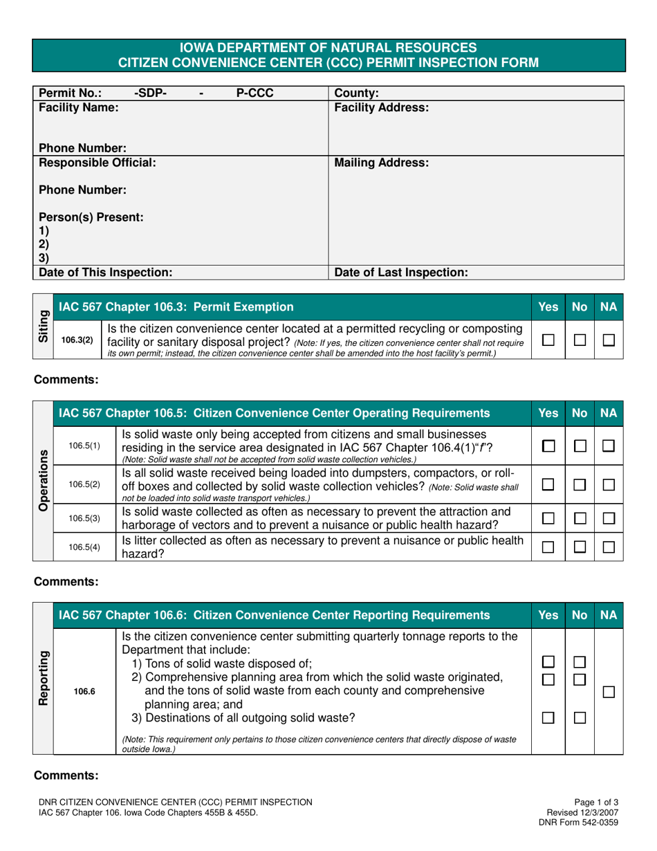 DNR Form 542-0359 Download Fillable PDF or Fill Online Citizen Convenience  Center (Ccc) Permit Inspection Form Iowa | Templateroller