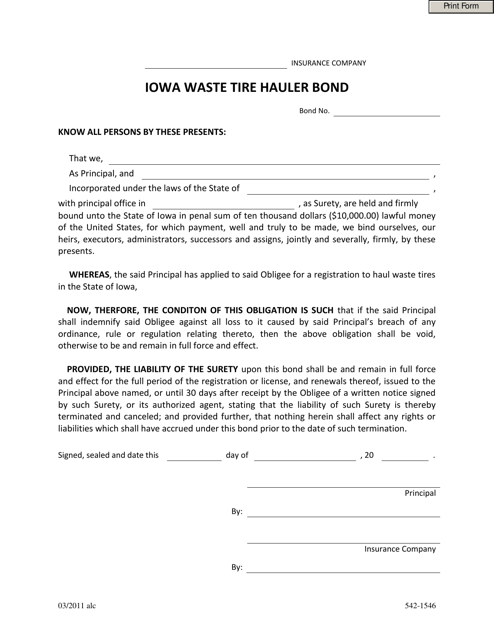 Form 542-1546 Iowa Waste Tire Hauler Bond - Iowa