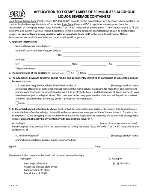 DNR Form 542-0142 Application to Exempt Labels of 50 Milliliter Alcoholic Liquor Beverage Containers - Iowa