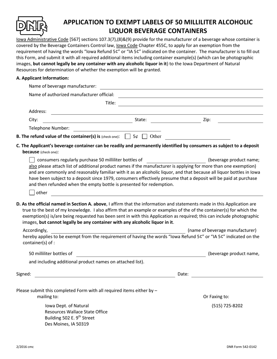 DNR Form 542-0142 Application to Exempt Labels of 50 Milliliter Alcoholic Liquor Beverage Containers - Iowa, Page 1