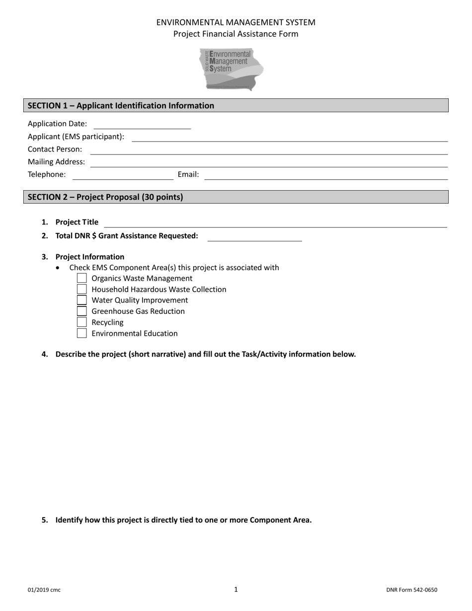 DNR Form 542-0650 Project Financial Assistance Form - Iowa, Page 1