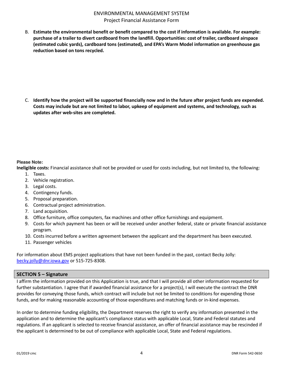 DNR Form 542-0650 Project Financial Assistance Form - Iowa, Page 4