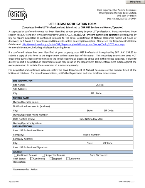DNR Form 542-1327 Ust Release Notification Form - Iowa