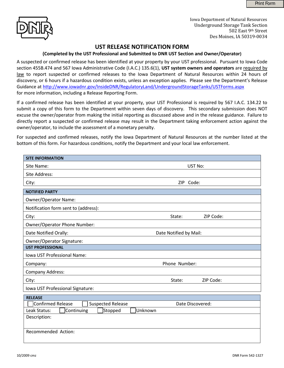 DNR Form 542-1327 Ust Release Notification Form - Iowa, Page 1