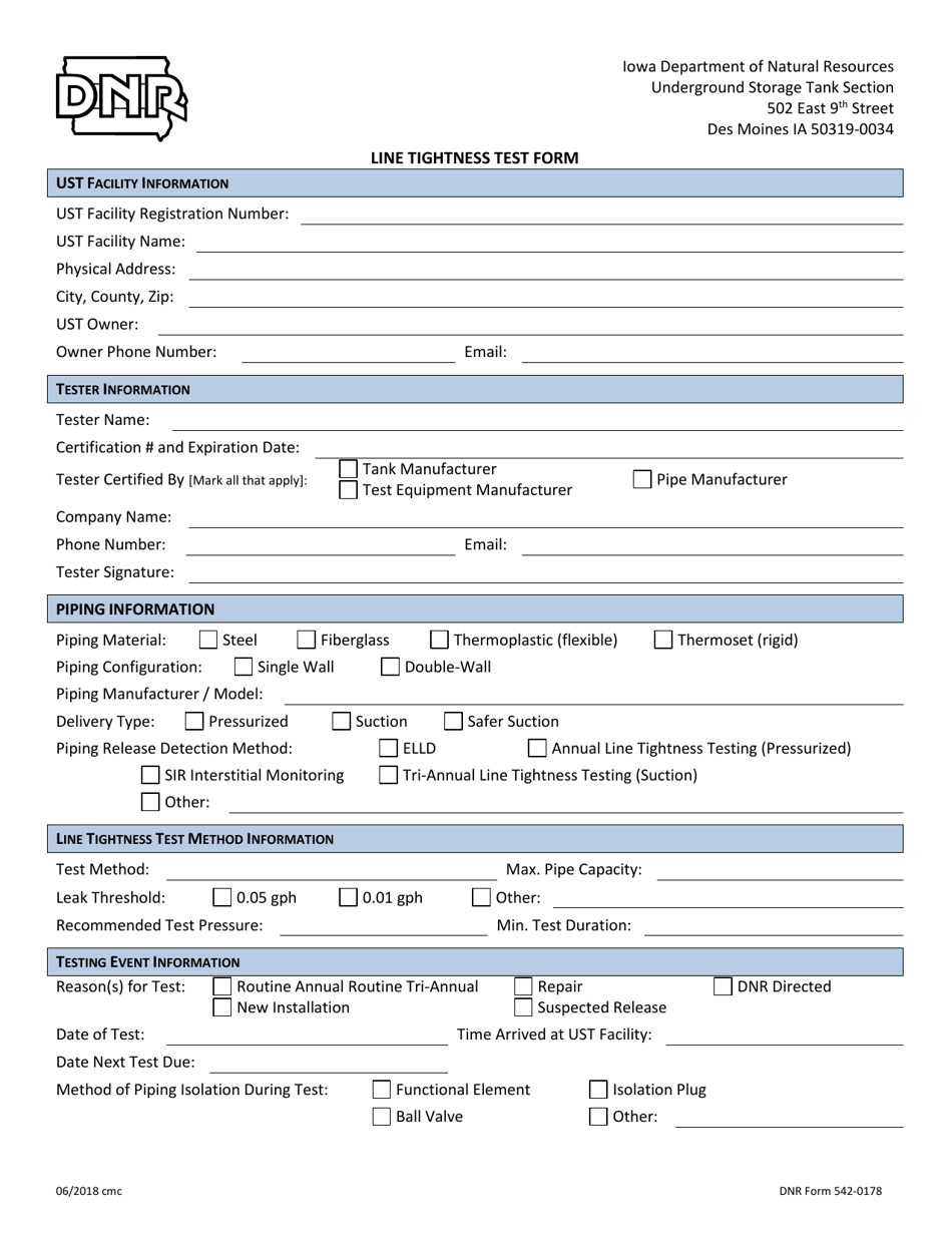 DNR Form 542-0178 Line Tightness Test Form - Iowa, Page 1