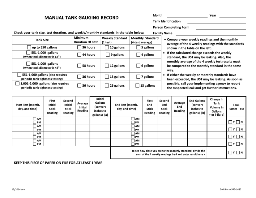DNR Form 542-1422 Manual Tank Gauging Record - Iowa