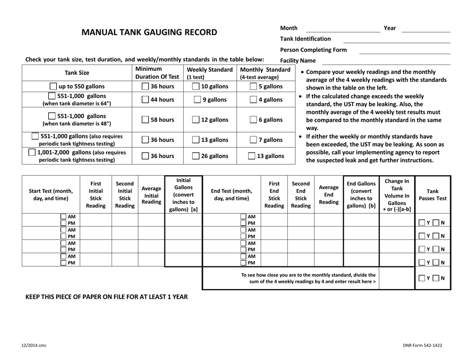DNR Form 542-1422 Manual Tank Gauging Record - Iowa, Page 1