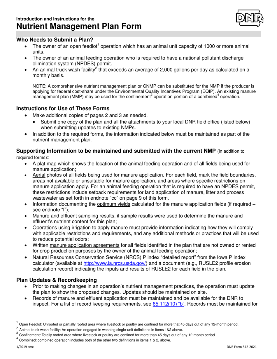 DNR Form 542-2021 Nutrient Management Plan Form - Iowa, Page 1