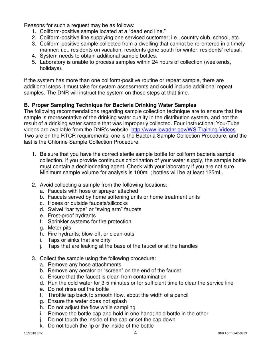 DNR Form 542-0859 Consecutive Surface Water / Influenced Groundwater Bacteria Sampling Plan - Iowa, Page 4