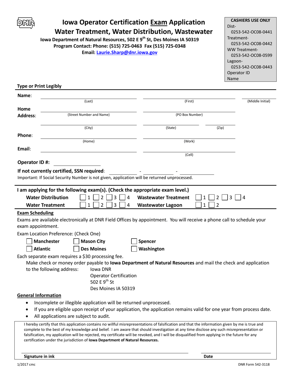 DNR Form 542-3118 Iowa Operator Certification Exam Application - Iowa, Page 1