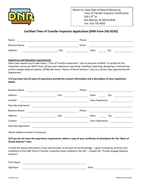 DNR Form 542-0192 Certified Time of Transfer Inspector Application - Iowa