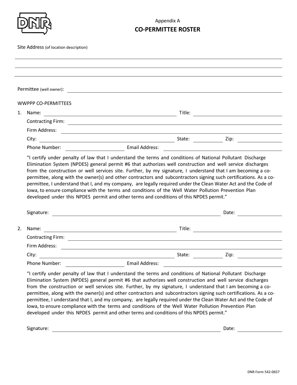 DNR Form 542-0657 Appendix A Co-permittee Roster - Iowa, Page 1