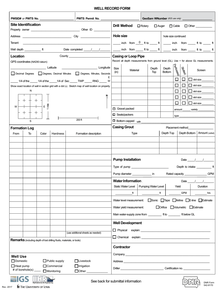 DNR Form 542-8170 Well Record Form - Iowa, Page 1