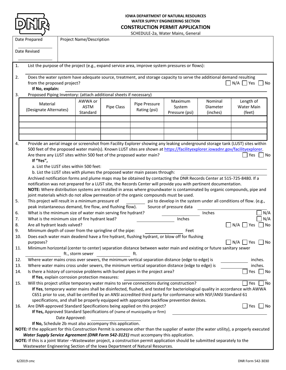 DNR Form 542-3030 Schedule 2A Water Mains, General - Iowa, Page 1