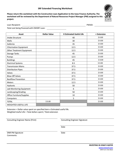 DNR Form 542-0622 Srf Extended Financing Worksheet - Iowa