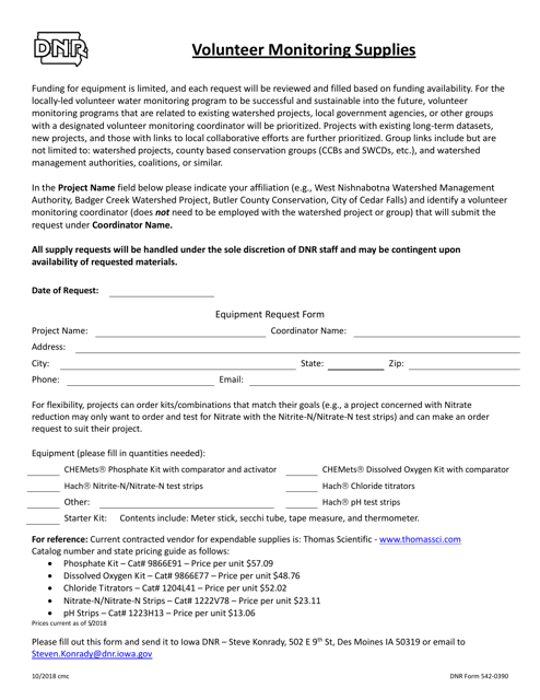 DNR Form 542-0390 Volunteer Monitoring Supplies - Iowa