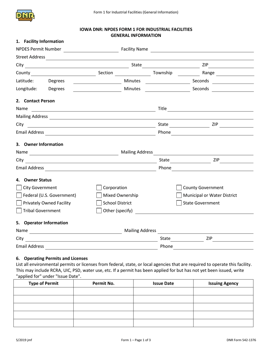 DNR Form 542-1376 (1) Npdes Form for Industrial Facilities - Iowa, Page 1