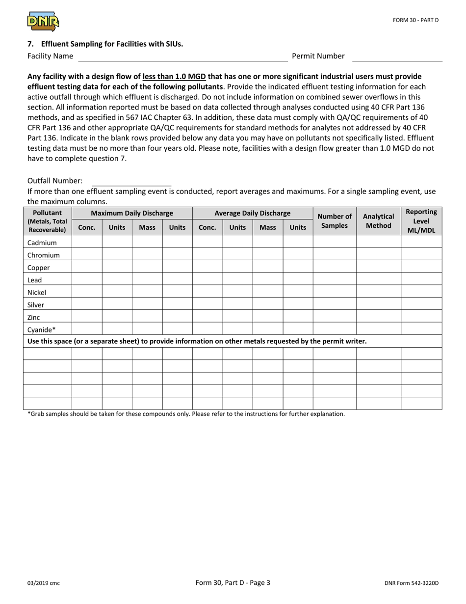 Form 30 (DNR Form 542-3220D) Part D Npdes Permit Application - Industrial User Discharges and Rcra / Cercla Wastes - Iowa, Page 3