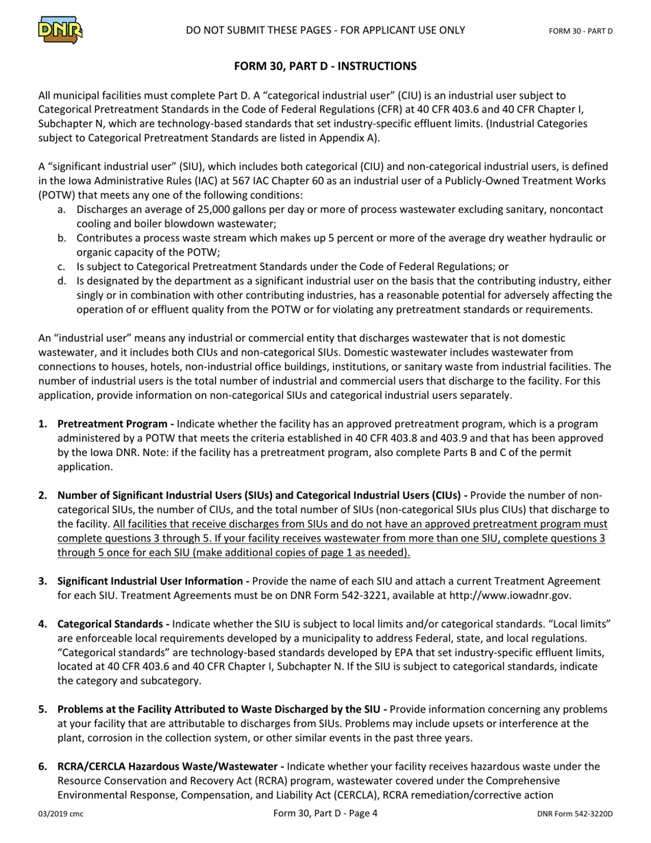 Form 30 (DNR Form 542-3220D) Part D Npdes Permit Application - Industrial User Discharges and Rcra / Cercla Wastes - Iowa, Page 4