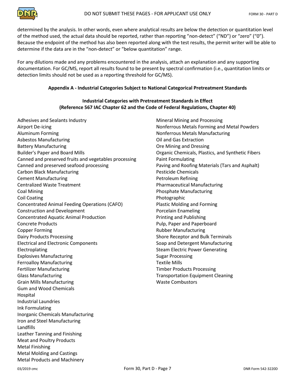 Form 30 (DNR Form 542-3220D) Part D Npdes Permit Application - Industrial User Discharges and Rcra / Cercla Wastes - Iowa, Page 7