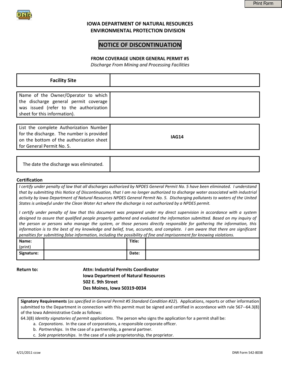 DNR Form 542-8038 Notice of Discontinuation From Coverage Under General Permit #5 - Iowa, Page 1