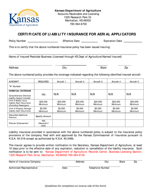 Certificate of Liability Insurance for Aerial Applicators - Kansas Download Pdf