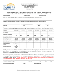 Certificate of Liability Insurance for Aerial Applicators - Kansas