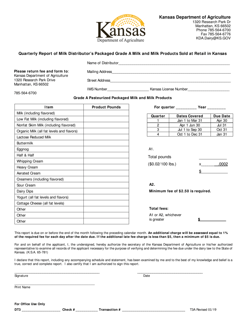 Form T3A Quarterly Report of Milk Distributor's Packaged Grade a Milk and Milk Products Sold at Retail in Kansas - Kansas, Page 1