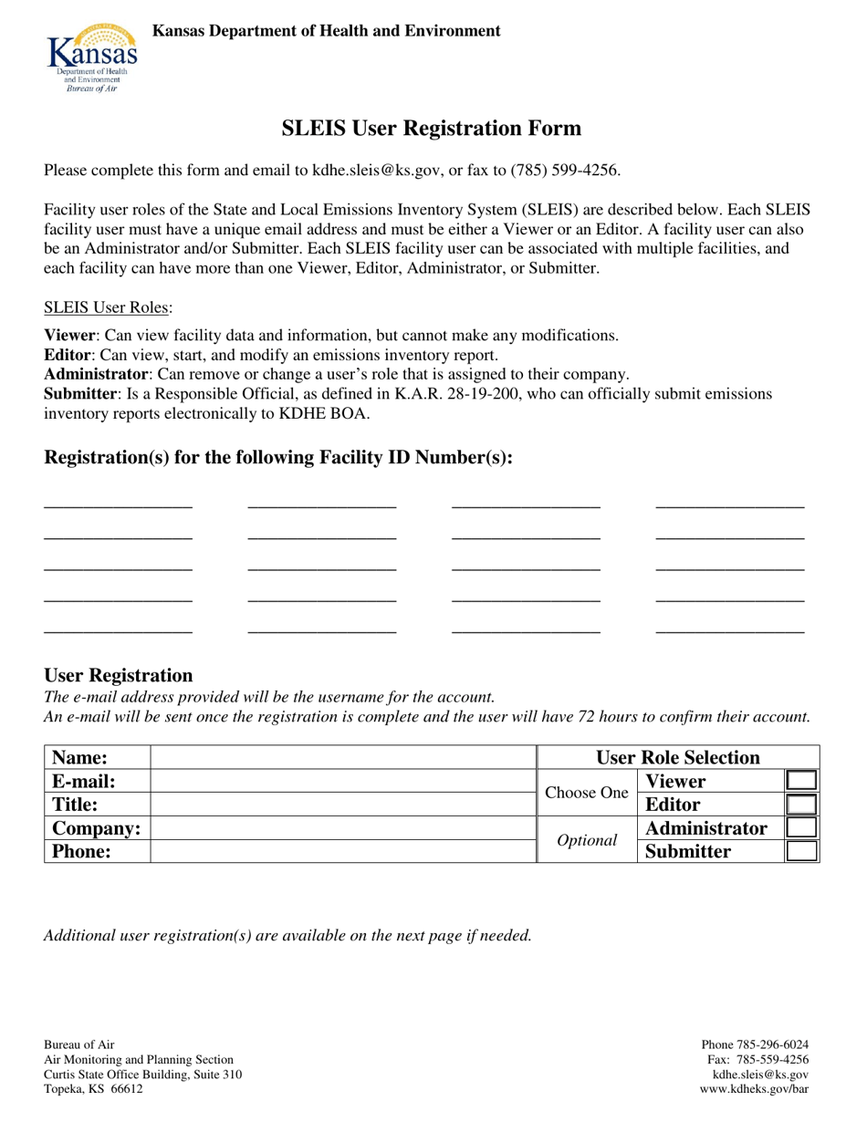Sleis User Registration Form - Kansas, Page 1