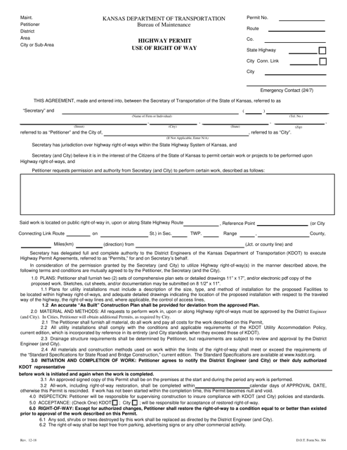 DOT Form 304 Highway Permit Use of Right of Way - Kansas