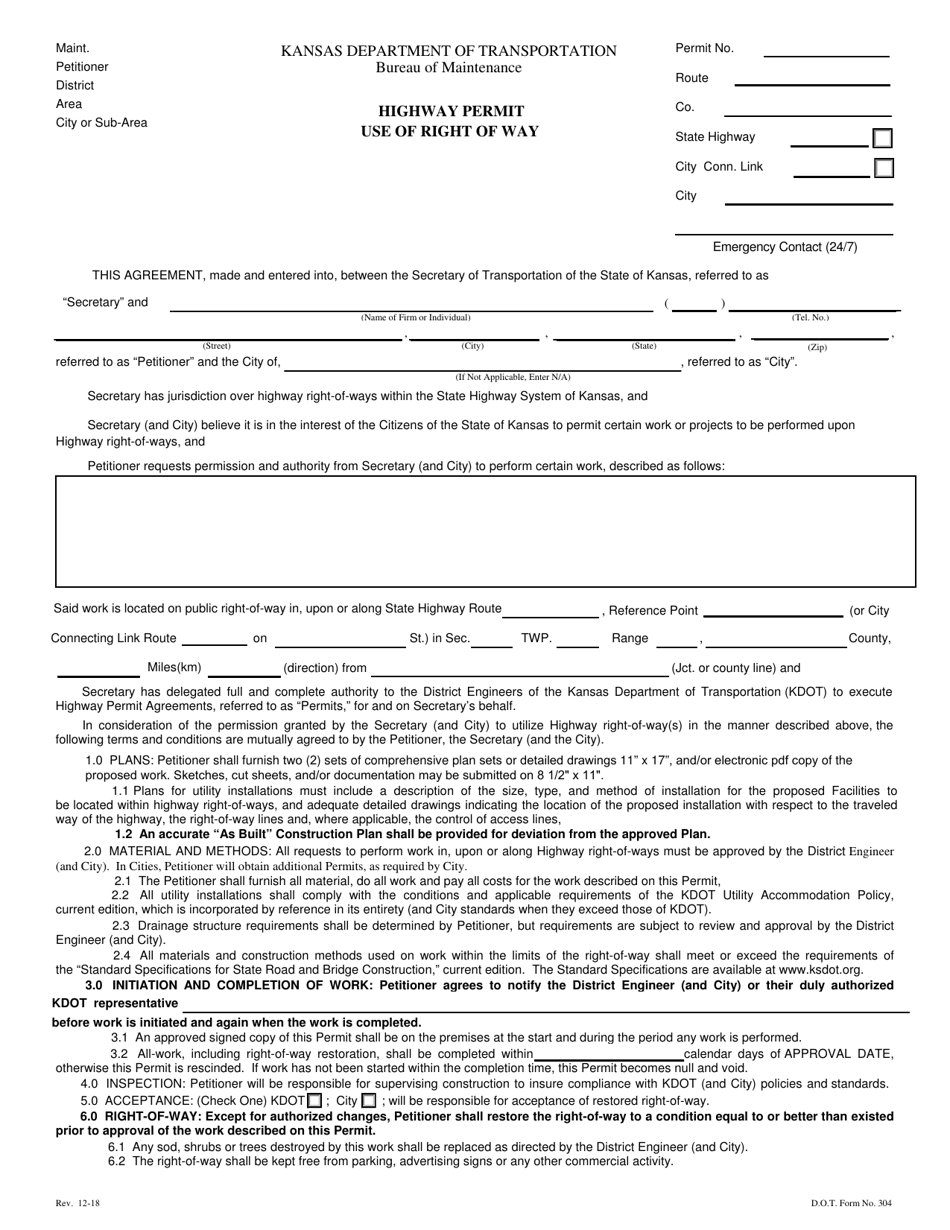 DOT Form 304 Highway Permit Use of Right of Way - Kansas, Page 1