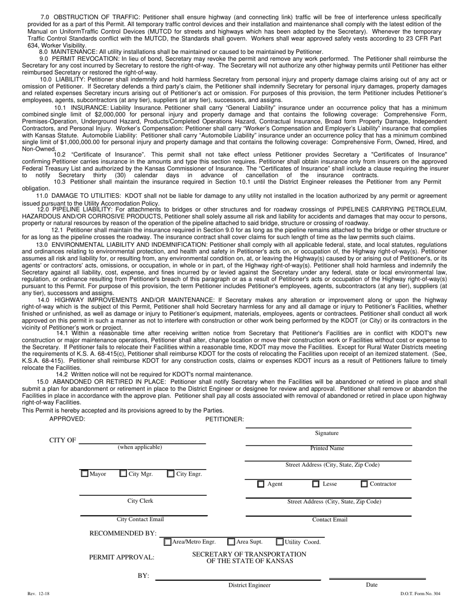 DOT Form 304 - Fill Out, Sign Online and Download Fillable PDF, Kansas ...